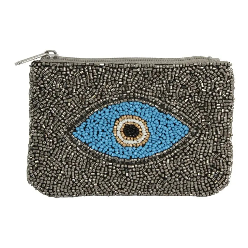 Blue Eye Beaded Coin Pouch