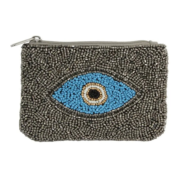 Blue Eye Beaded Coin Pouch