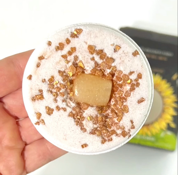 Sunflower Power Honey Bath Bomb w/ Amber Gemstone – Soothing Epsom Salt Ritual