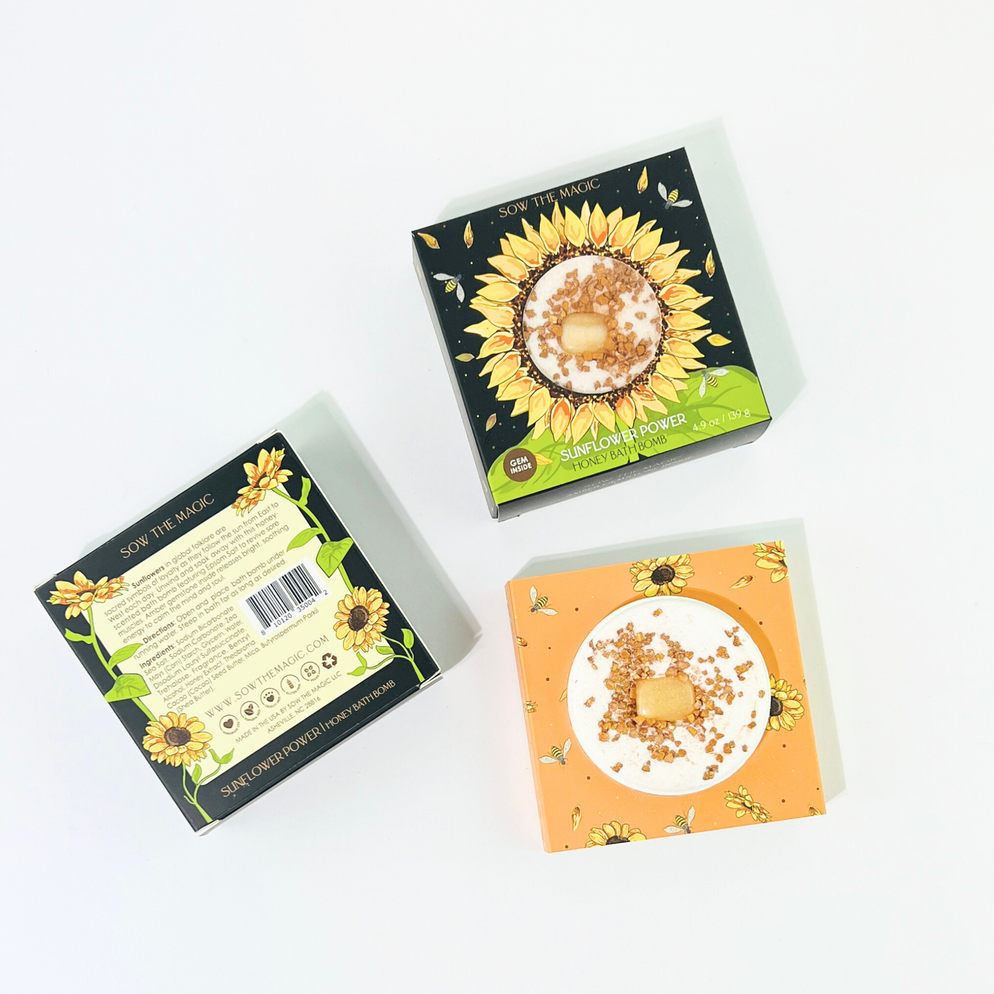 Sunflower Power Honey Bath Bomb w/ Amber Gemstone – Soothing Epsom Salt Ritual